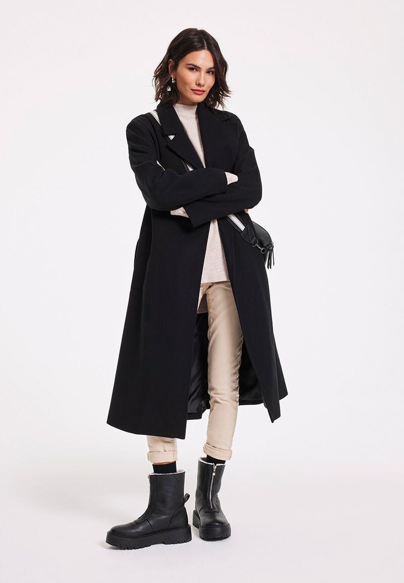 Womens Black Longline Belted Wrap Coat | Peacocks