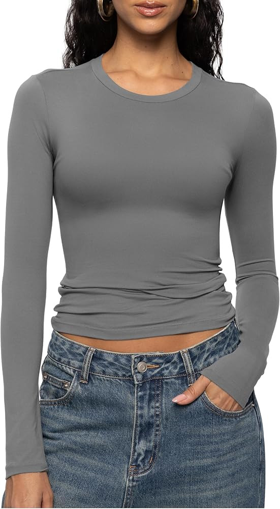 ENERFUL Women's Long Sleeve Shirts Crew Neck Slim Fitted Going Out Crop Casual Tops Basic Tees | Amazon (US)