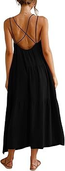 Febriajuce Women’s Summer Maxi Dress Casaul Spaghetti Straps Solid V-Neck Backless Cami Dresses... | Amazon (US)