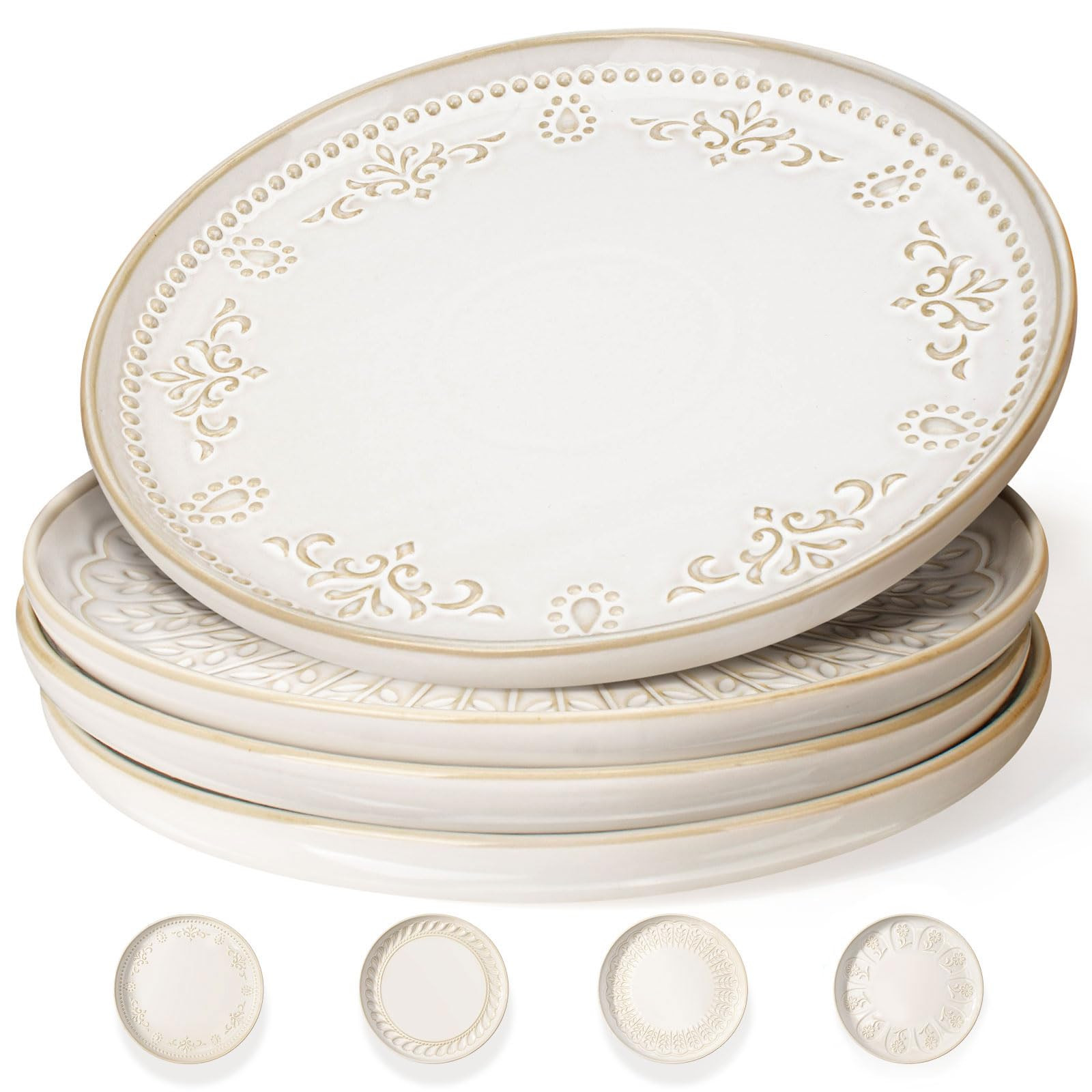 Artena Large Ceramic Dinner Plates Set Of 4, 10.75 Inch Embossed Kitchen Salad Plates, Modern Ser... | Amazon (US)