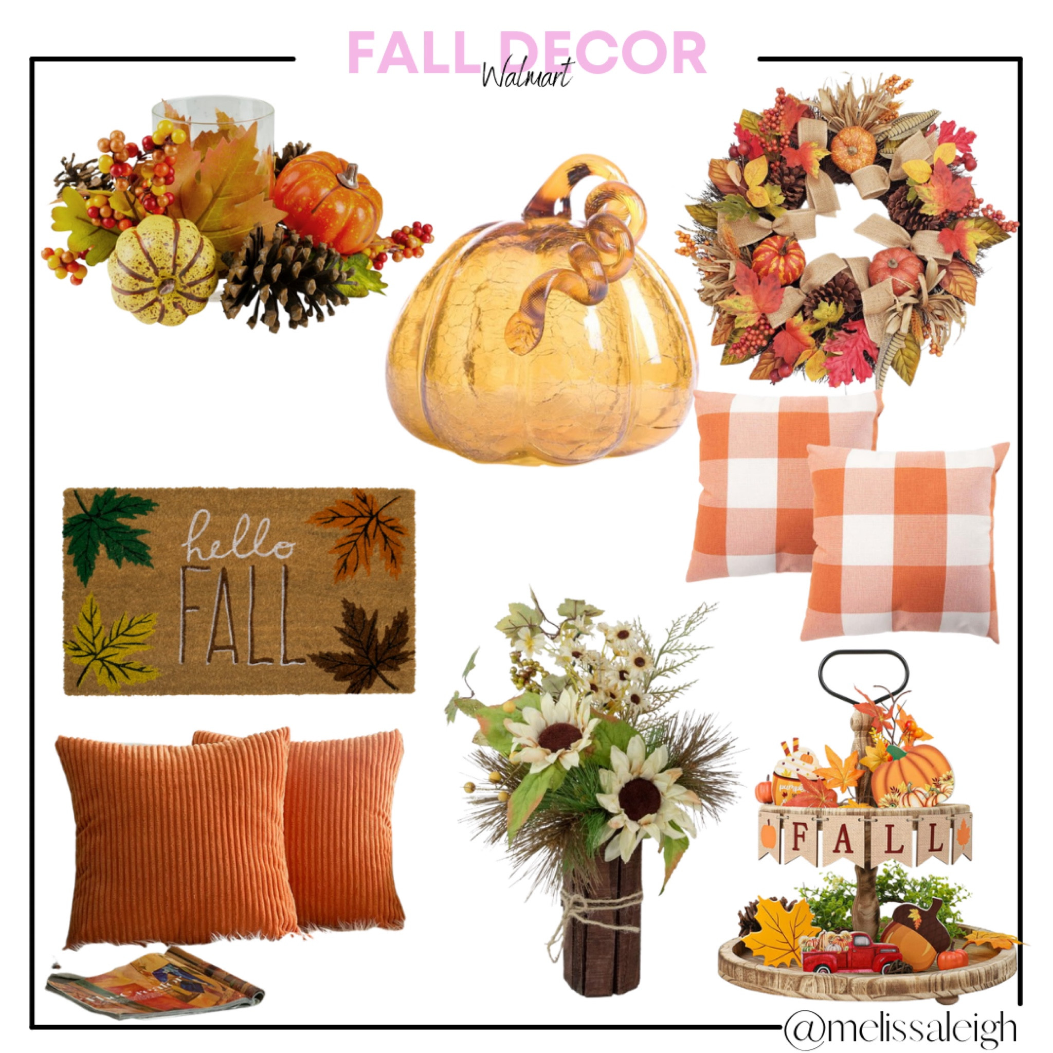 Fall decor - Walmart home decor - candle holder, front door wreath, throw pillows, plaid Buffalo check pillow, table decor, floral arrangements, glass pumpkin, welcome doormat 

#LTKSeasonal #LTKhome #LTKunder50