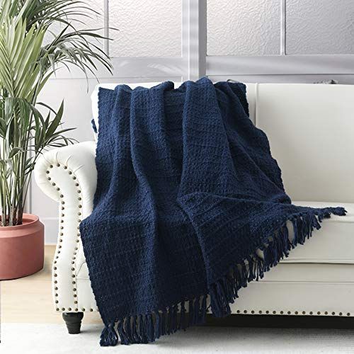 Chunky Knit Throw Blanket, Navy Blue Soft Warm Cozy Bed Throw Blanket with Tassels, Boho Style Te... | Amazon (US)