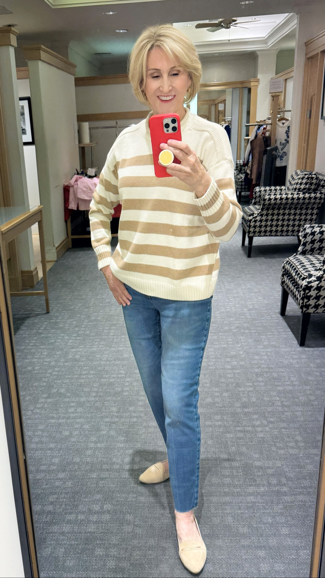 Lately I’ve been loving those simple neutral outfits that always feel chic without trying too hard 🤍 This beige and cream striped sweater from Talbots paired with classic jeans and ballet flats is one of those easy looks I know I’ll keep reaching for. Cozy, timeless, and perfect for everyday errands, coffee dates, or casual weekends ✨

#LTKootd #LTKSeasonal #LTKOver40