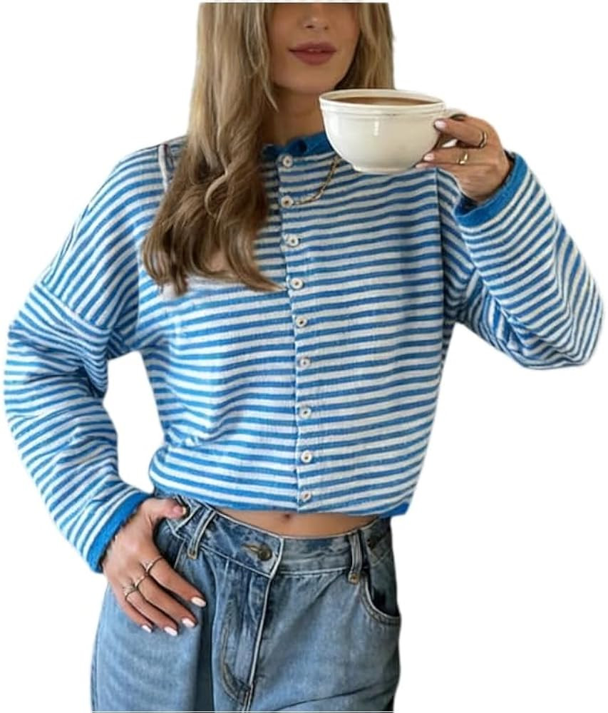 Muineobuka Womens Striped Cardigan Sweater Casual Crew Neck Open Front Button Down Long Sleeve Kn... | Amazon (US)