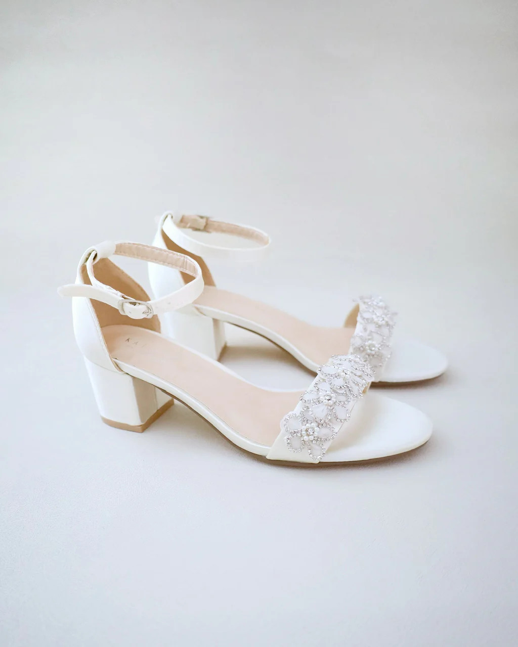 Satin Block Heel Wedding Sandals with Rhinestones Chassia Flower | Kailee P.