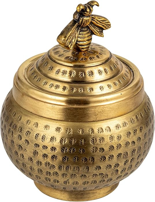 Round Hammered Metal Container with Bee Finial, Brass Finish | Amazon (US)
