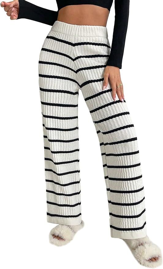 Verdusa Women's Elastic High Waist Stripe Print Knitted Lounge Sweater Pants | Amazon (US)
