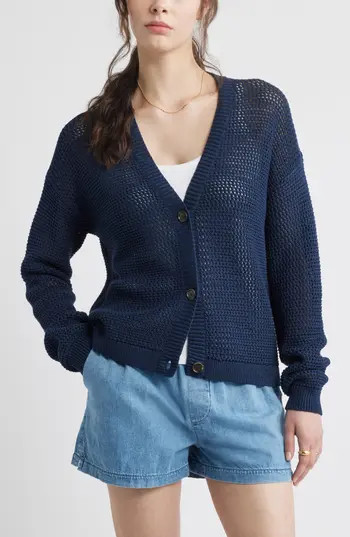 Caslon® Open Stitch Cotton Cardigan in Navy Blazer at Nordstrom Rack, Size X-Large | Nordstrom Rack
