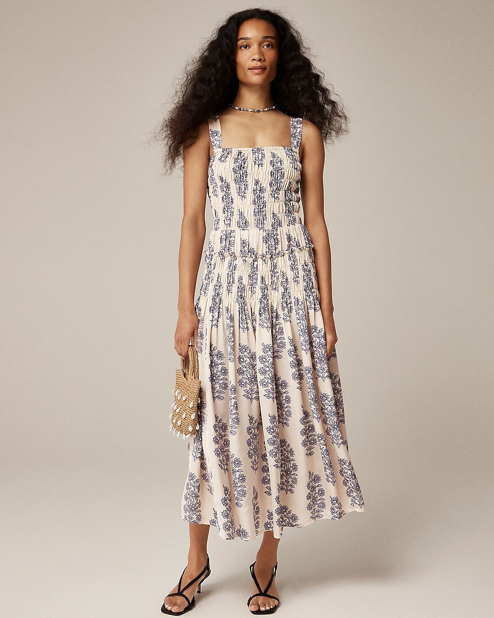 Smocked-bodice midi dress in blooming lilac block print | J. Crew US