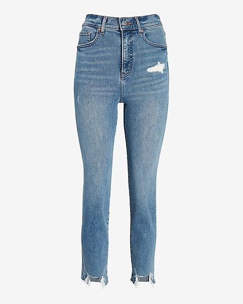 Super High Waisted Ripped Raw Step Hem Supersoft Mom Jeans | Express