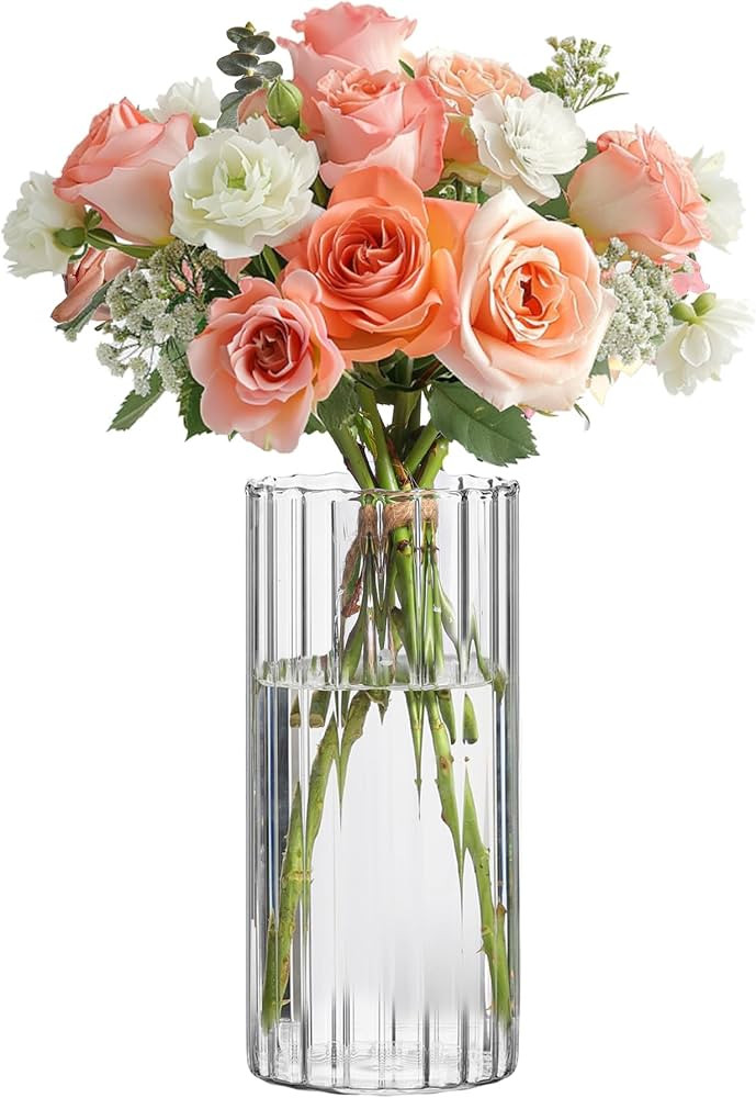 ComSaf Glass Cylinder Vases, Bud Vase for Centerpieces, 8 Inch Tall Ribbed Vase Hurricane Floatin... | Amazon (US)