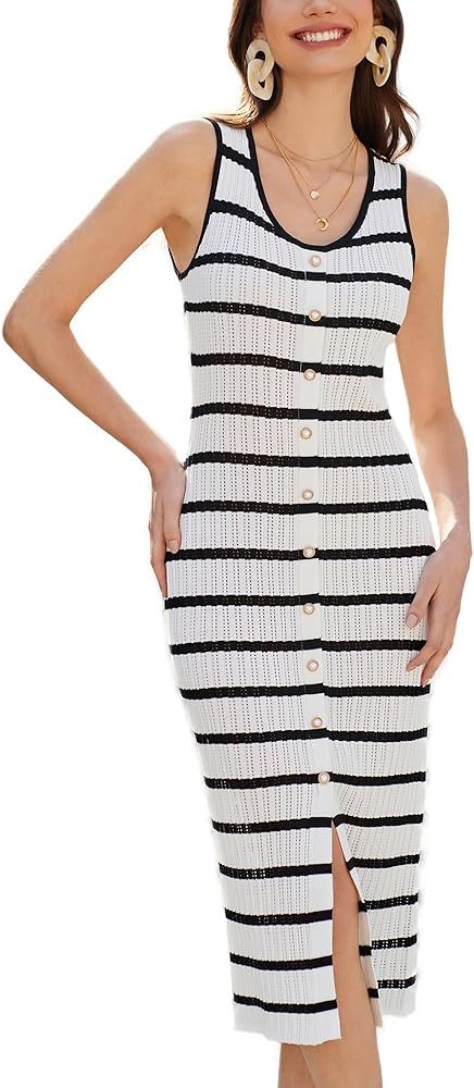 GRACE KARIN 2024 Womens Crochet Sweater Dress Summer Sleeveless Striped Knit Dress Hollow Out Bod... | Amazon (US)