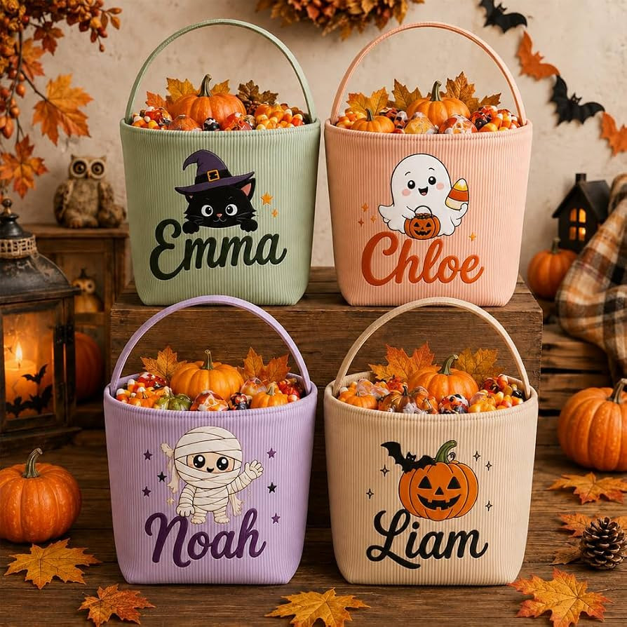 Custom Seersucker Trick or Treat Bag with Custom Name, Personalized Halloween Candy Bucket for Ki... | Amazon (US)