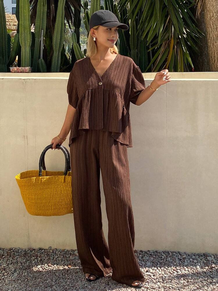 DAZY Women's Casual Loose Vacation Style Short Shirt And Straight Leg Pants 2 Pieces Set, Spring/Summer Lounge Sets For Women | SHEIN