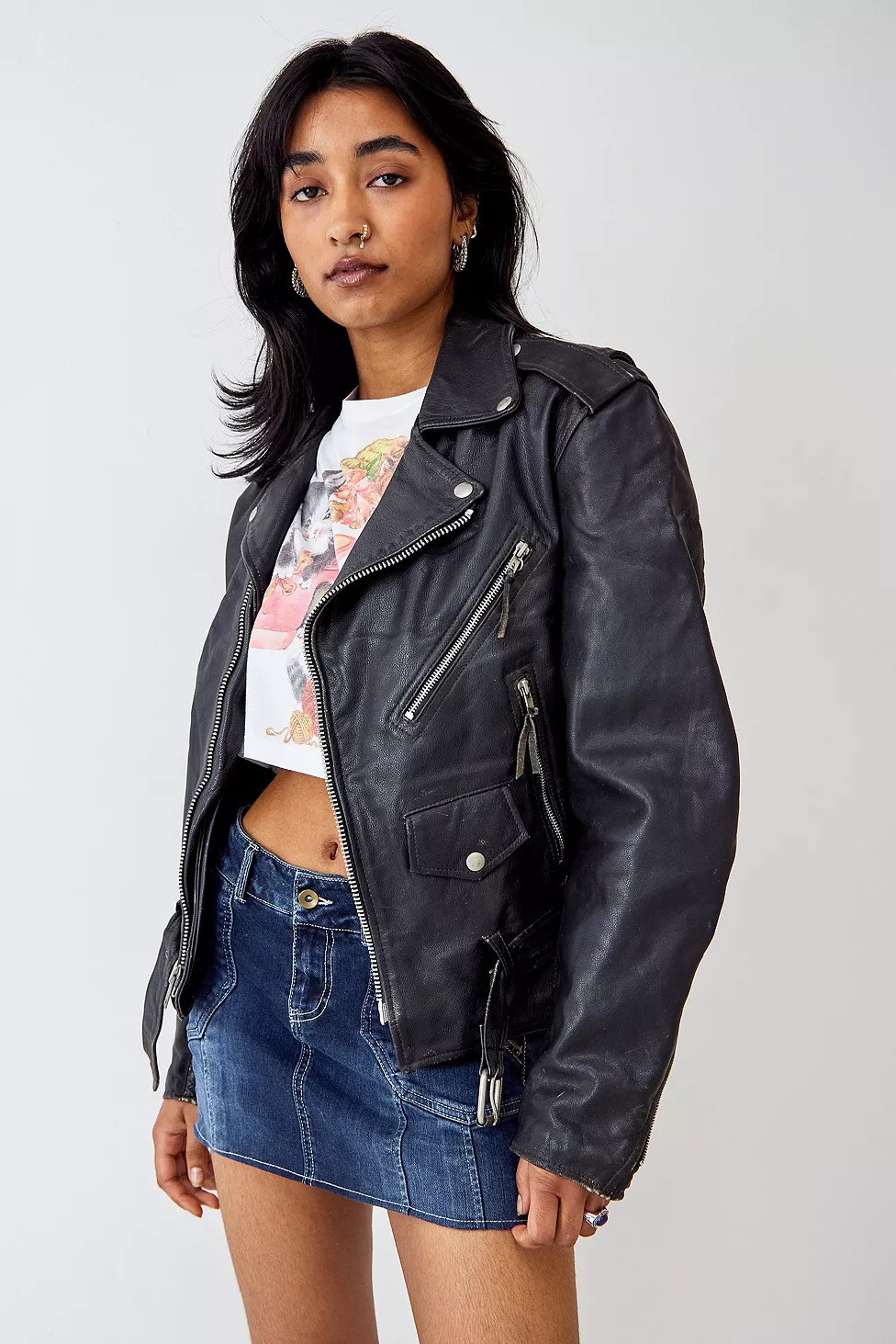 Urban Renewal Vintage Black Leather Biker Jacket | Urban Outfitters (EU)