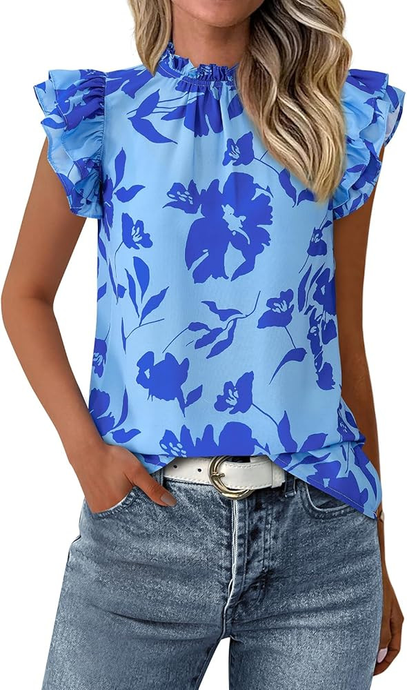 PRETTYGARDEN Women's Ruffle Short Sleeve Summer Tops 2025 Trendy Floral Trim Neck Casual Dressy C... | Amazon (US)