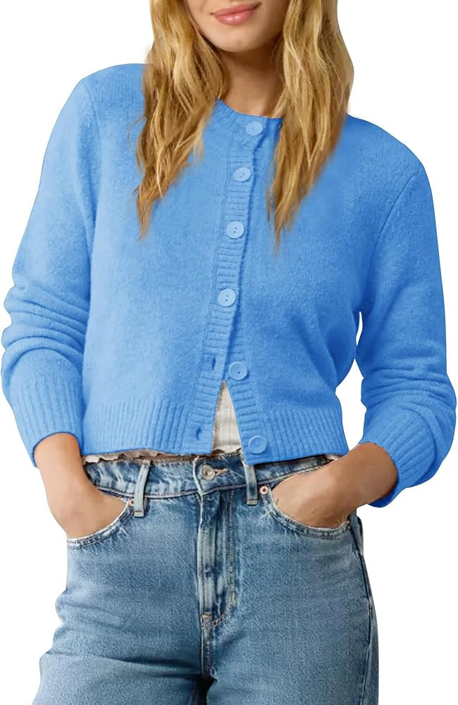 Urban CoCo Women's Crew Neck Cropped Cardigan Sweaters Long Sleeve Open Front Button Down Shrug S... | Amazon (US)