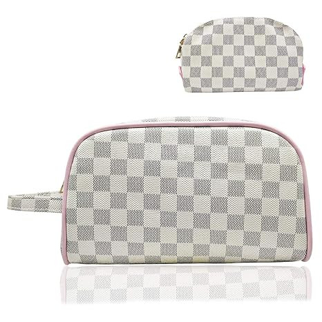 Astraet Luxury Checkered Make Up Bag PU Vegan Leather Waterproof Cosmetic toiletry Travel bag wit... | Amazon (US)