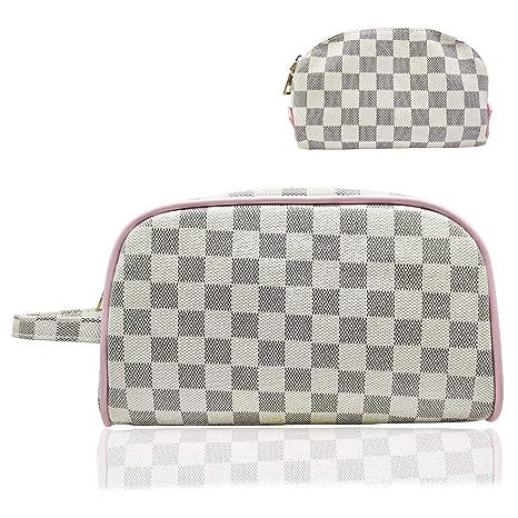 Astraet Luxury Checkered Make Up Bag PU Vegan Leather Waterproof Cosmetic toiletry Travel bag wit... | Amazon (US)