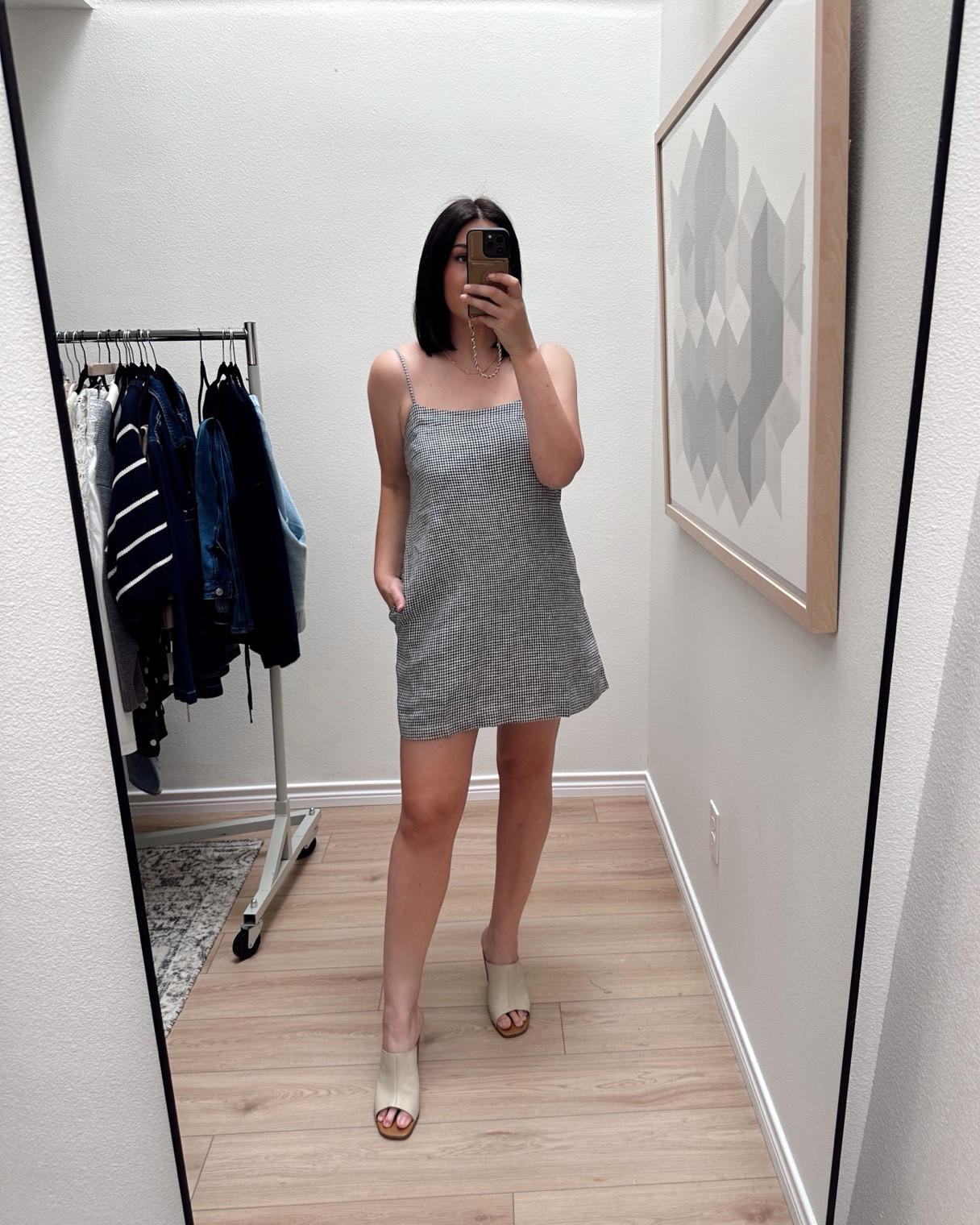 Love this gingham dress -- and it has a skort liner! I am in the large, it's a generous fit. Stay TTS! 

I'm in the large of the jacket for an intentional oversized fit. Otherwise it's a true to size fit!  

 