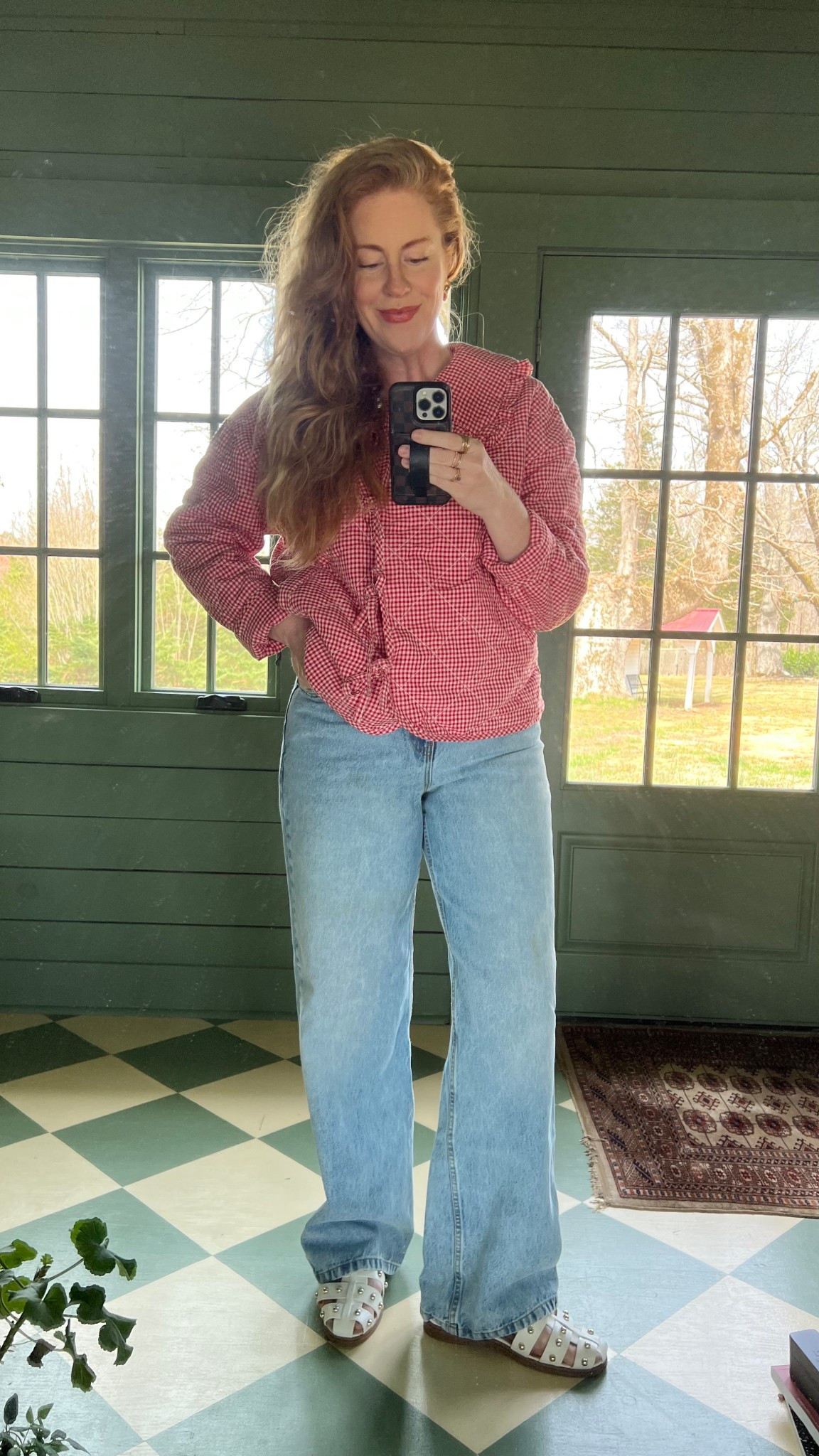 Feeling super comfy in this oversized gingham collared jacket (M) and my favorite baggy jeans (size 8)! 💖✨ Finished the look with some stunning gold earrings and my go-to studded fisherman sandals (9.5) that fit like a dream and are true to size. Loving this laid-back vibe!

#LTKOver40 #LTKStyleTip #LTKFindsUnder50