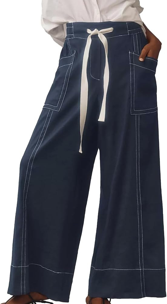 Ainangua Womens Linen Pants Flowy Wide Leg Palazzo Pants Maeve Beach Vacation Trousers Plus Size ... | Amazon (US)