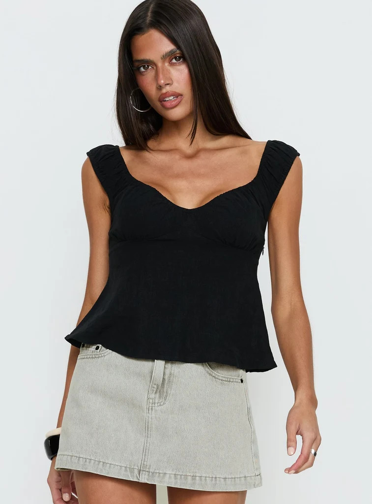 With Pleasure Puff Sleeve Linen Blouse Top Black | Princess Polly US