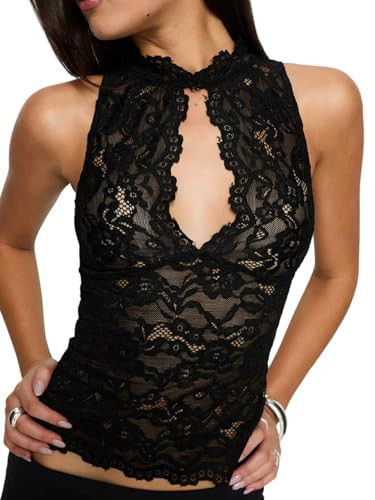Seyumixi Womens Lace Cutout Tank Top Mock Neck Sleeveless Floral Lace Crop Tops Slim See Through Going Out Top (Black,S) | Amazon (US)