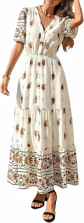 PRETTYGARDEN Womens Summer Boho Maxi Dress 2026 Trendy Short Sleeve V Neck Flowy Beach Floral Dre... | Amazon (US)