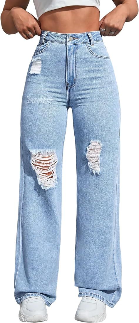 WDIRARA Women's High Waist Ripped Wide Leg Baggy Jeans Distressed Denim Pants | Amazon (US)