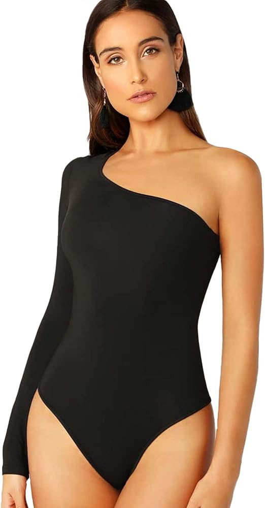 Floerns Women's One Shoulder Long Sleeve Stretch Bodysuit Jumpsuit | Amazon (US)