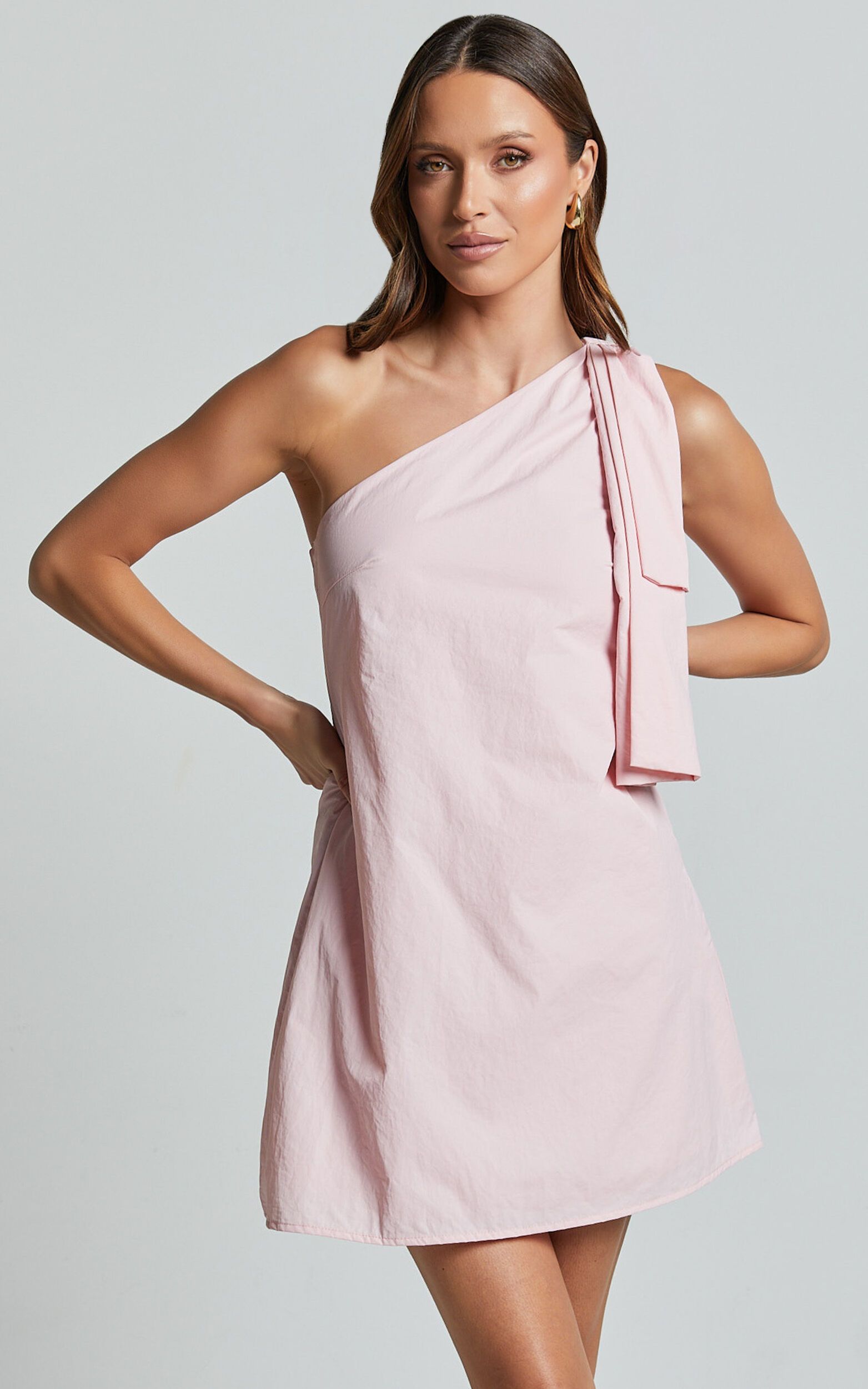 Khirara Mini Dress - One Shoulder Bow Detail Dress in Softt Pink | Showpo (US, UK & Europe)