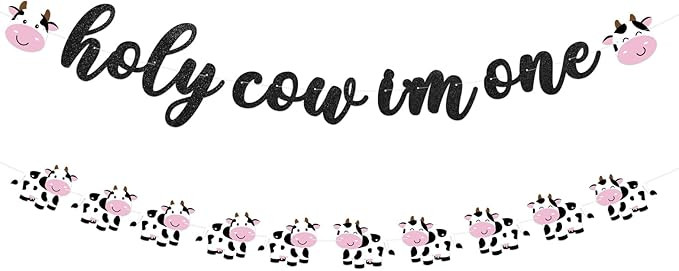 Holy Cow I'm One Banner for Cow Themed Birthday Party Glitter One Cow Banners Farm Animal Party D... | Amazon (US)