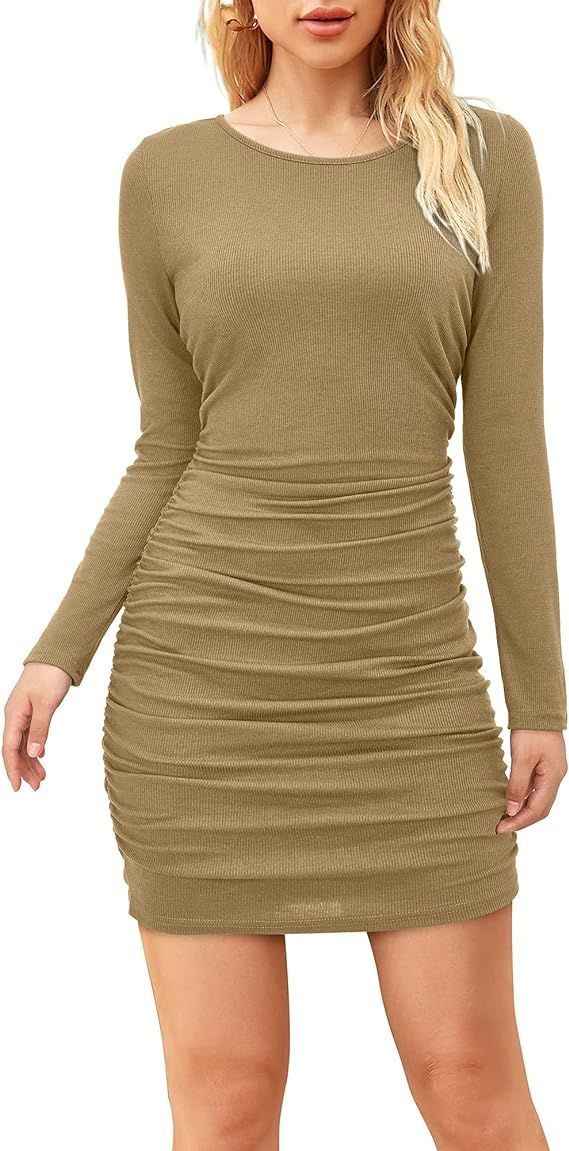STYLEWORD Women’s Sexy Club Back Hollow Out Long Sleevel Ruched Party Bodycon Mini Dress | Amazon (US)