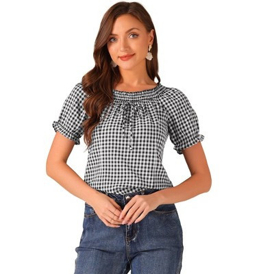 INSPIRE CHIC Women's Peasant Round Neck Ruffles Puff Sleeve Gingham Plaid Blouse X-Large Black | Target