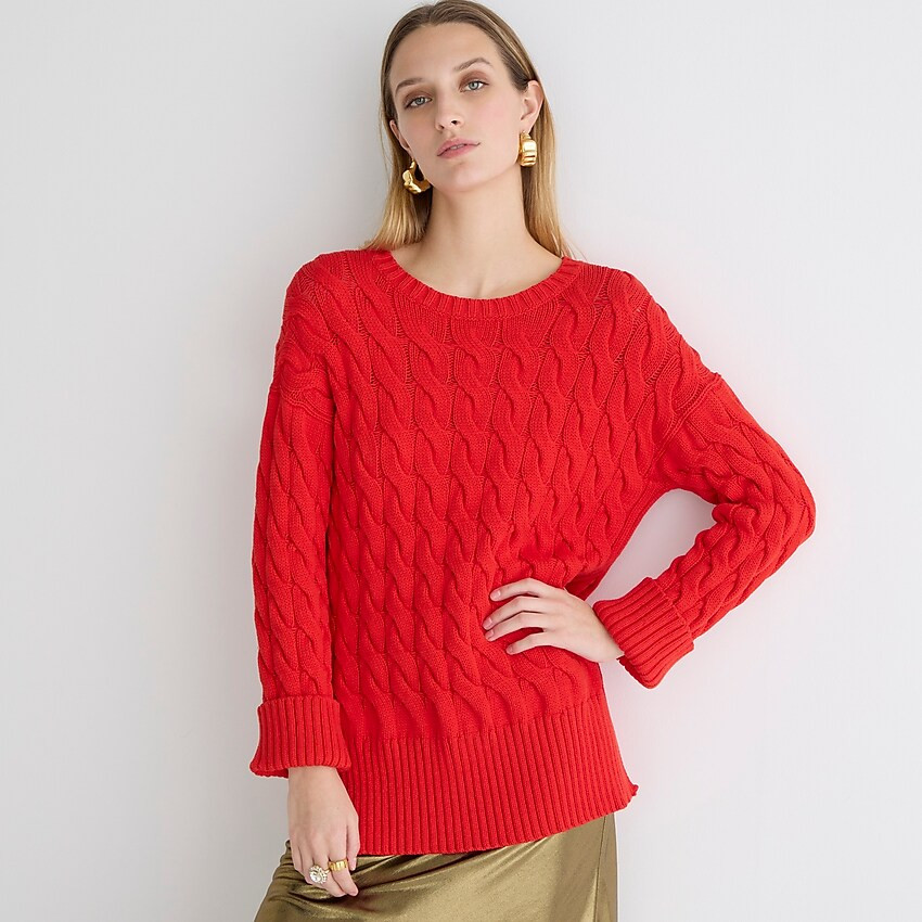 Cotton cable-knit side-slit crewneck sweater | J. Crew US