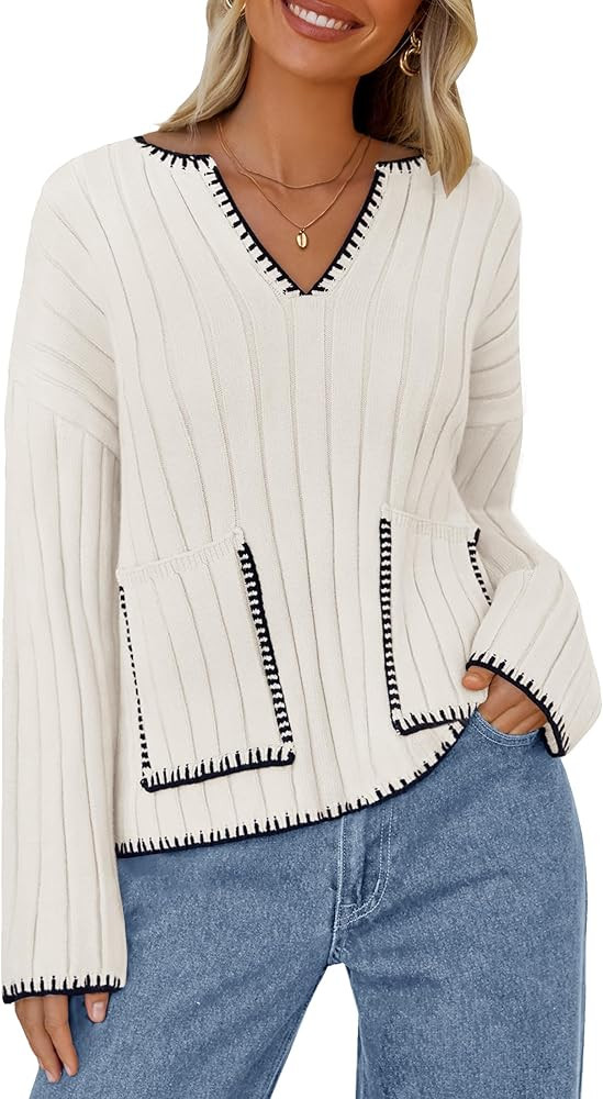 NENONA Women's 2024 V Neck Ribbed Knit Sweaters Striped Color Block Long Sleeve Loose Cozy Pullov... | Amazon (US)