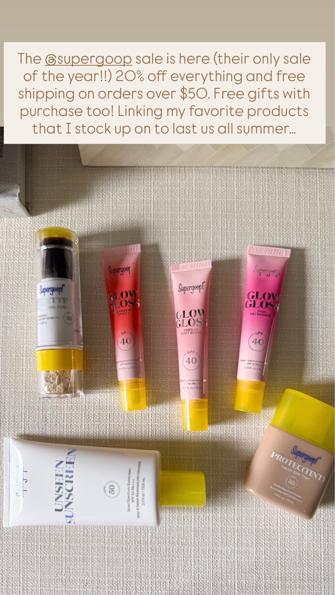 @Supergoop! Sale is happening right now!! 20% off + free shipping on orders over $50. Free gifts with purchase too! Linking what I stock up on every season to get our family through the summer!!

#LTKSaleAlert #LTKSeasonal #LTKBeauty
