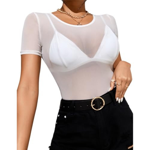GAMISS Mesh Short Sleeve Top Woman Crew Neck Mesh Tops Sheer Undershirt Mesh Tee Pure White XXL | Amazon (US)