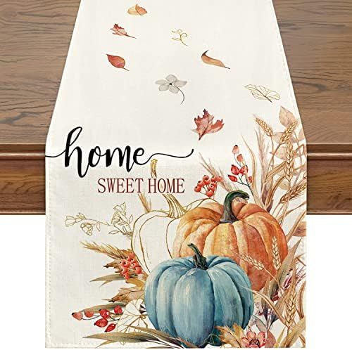 Siilues Fall Table Runner, Home Sweet Home Pumpkin Wheat Leaves Watercolor Fall Decorations Seasonal | Amazon (US)