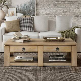 Isadoro 54 in. L Natural Modern 4-Drawers Rectangle Coffee Table with Solid Wood Legs | The Home Depot