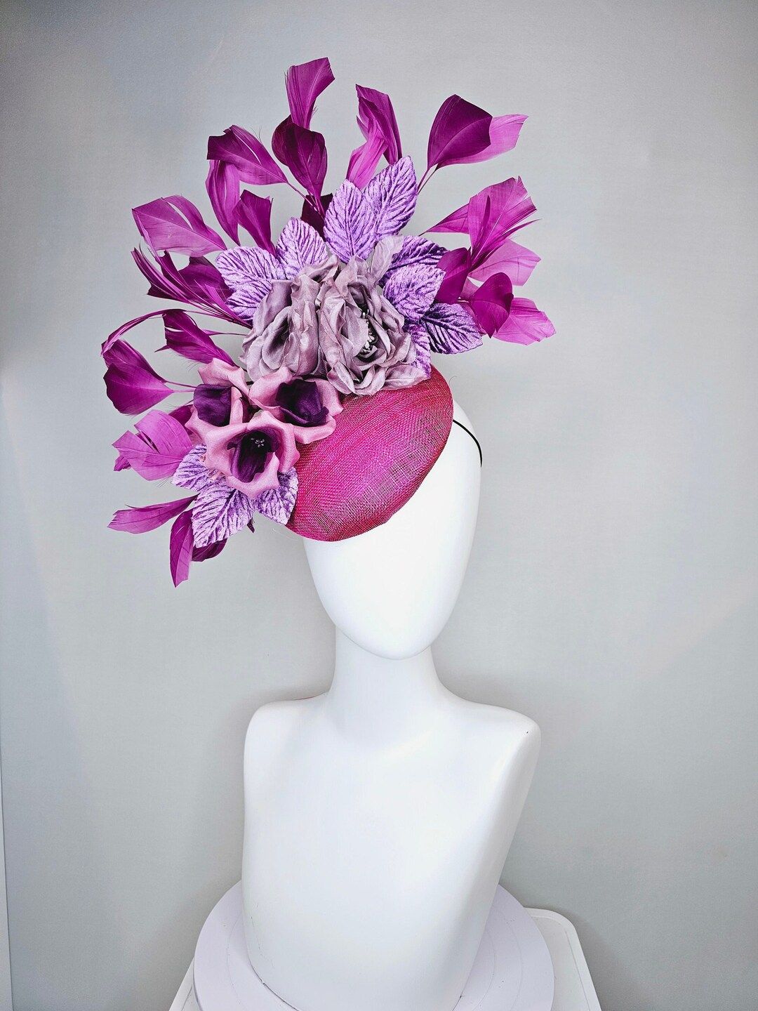 Kentucky Derby Hat Fascinator Pink Sinamay With Lavender Purple Pink Satin Flowers and Lavender L... | Etsy (US)