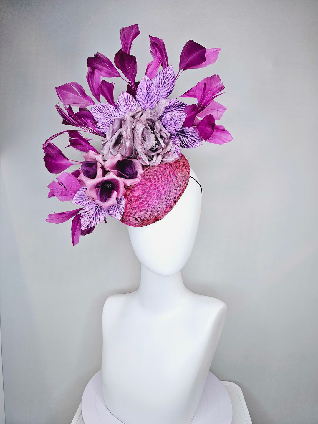 Kentucky Derby Hat Fascinator Pink Sinamay With Lavender Purple Pink Satin Flowers and Lavender L... | Etsy (US)