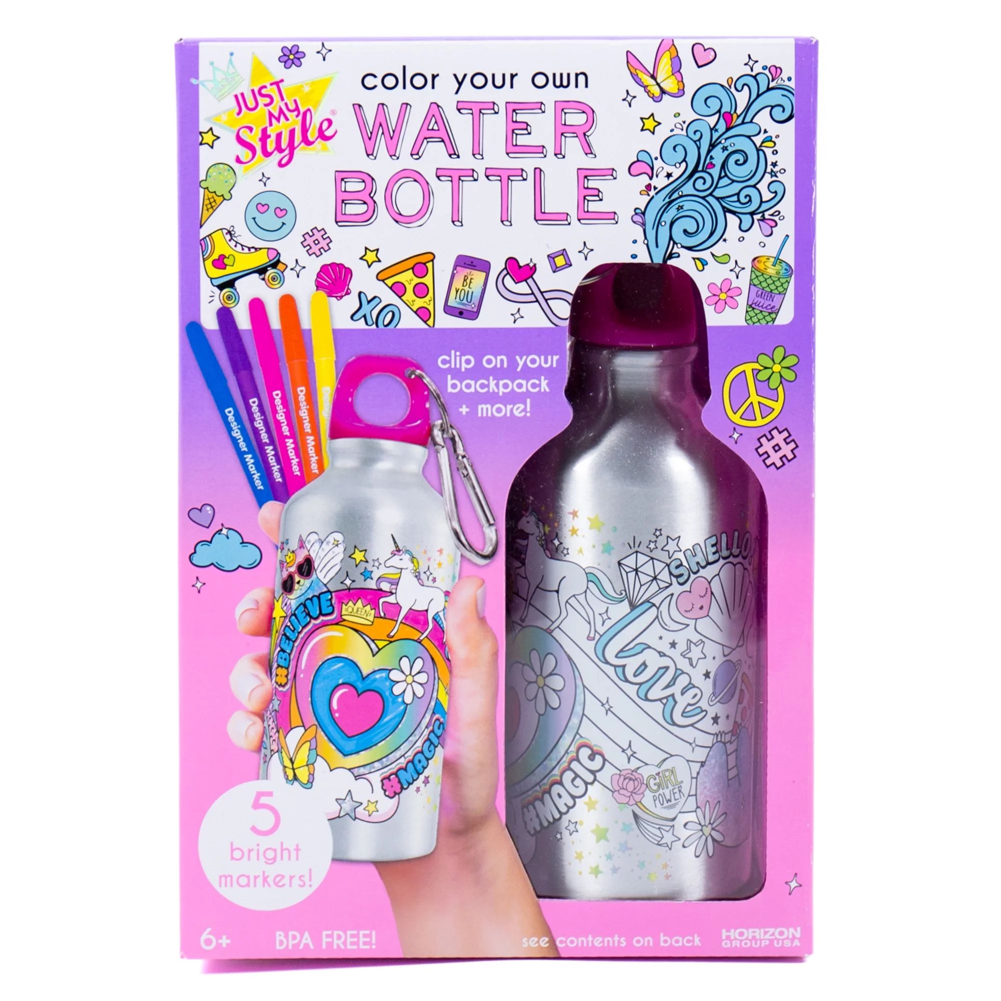 Just My Style Color Your Own Water Bottle Kids Craft Kit in Multicolor, Pre-Designed, Ages 6 and ... | Walmart (US)