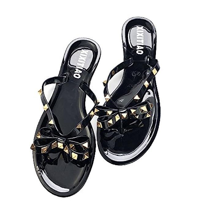 Womens Rivets Bowtie Flip Flops Jelly Thong Sandal Rubber Flat Summer Beach Rain Shoes Black | Amazon (US)