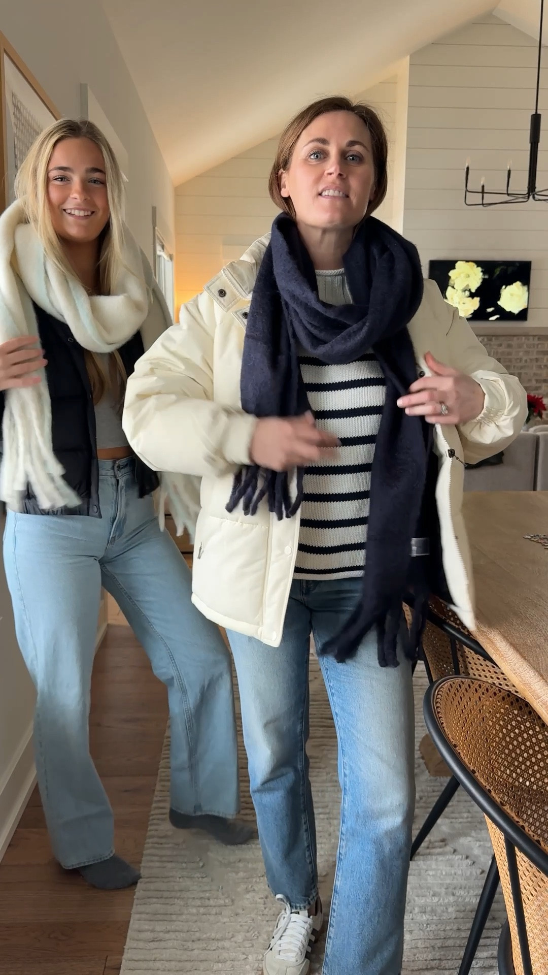 Her coat size XS
My coat size small
My sweater size XS
My Jean size 25, petite for length

#LTKSeasonal #LTKFindsUnder100 #LTKOver40