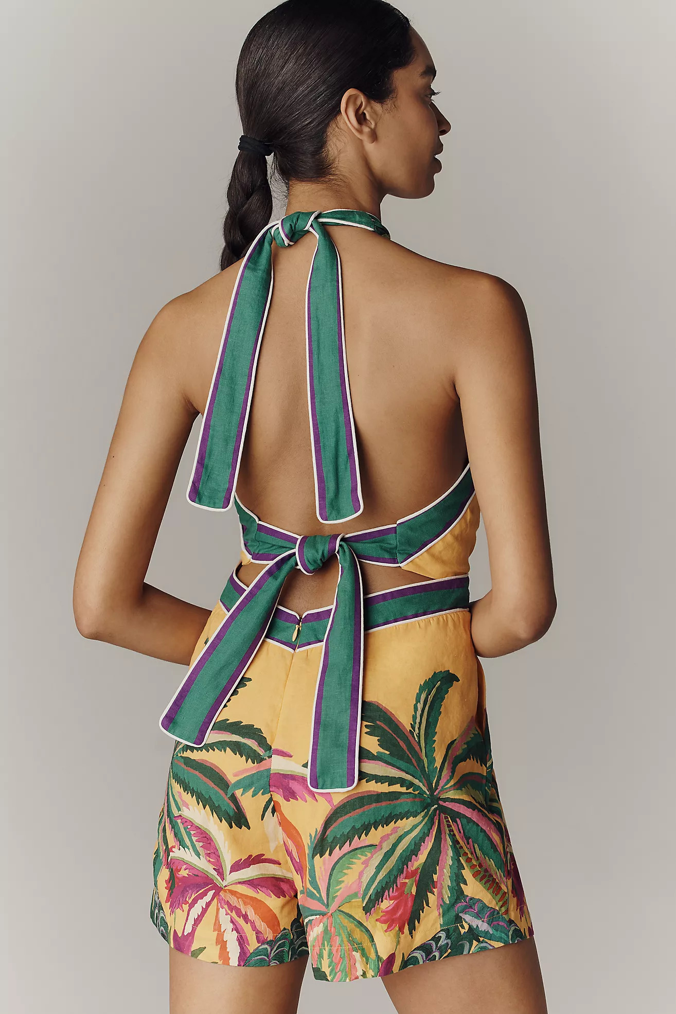 Farm Rio x Anthropologie Linen Blend Halter-Neck Romper | Anthropologie (US)