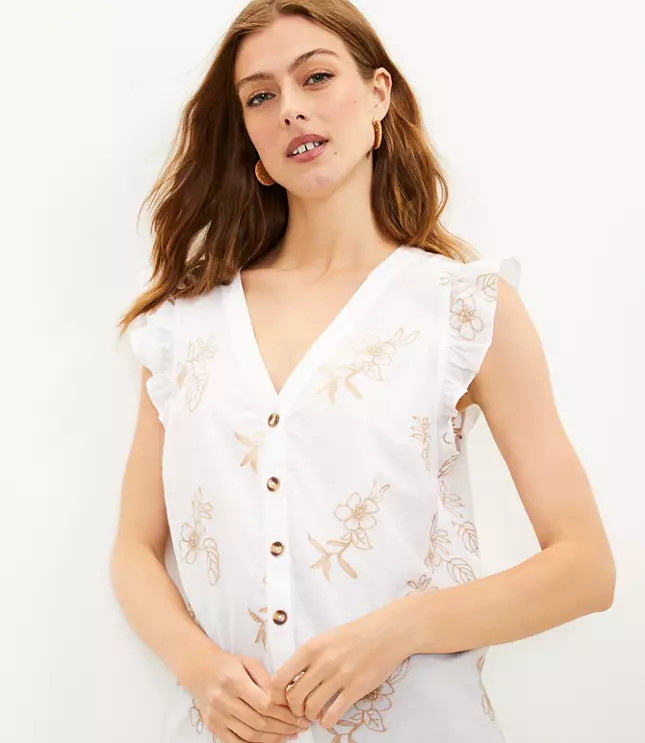Floral Embroidered Ruffle Button Top | LOFT