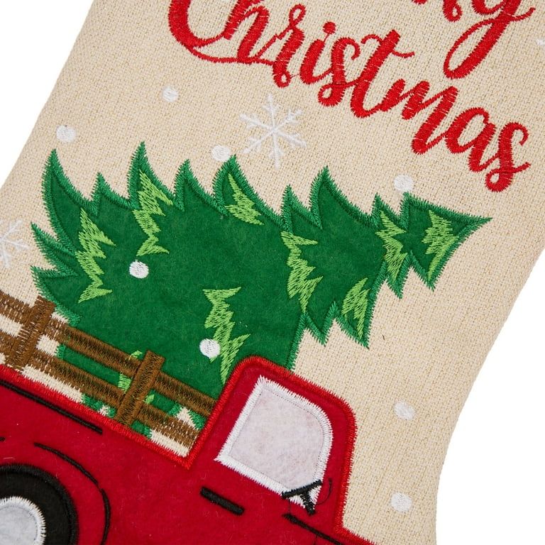 Glitzhome 21" Christmas Embroidered Linen Christmas Stocking - Red Truck | Walmart (US)