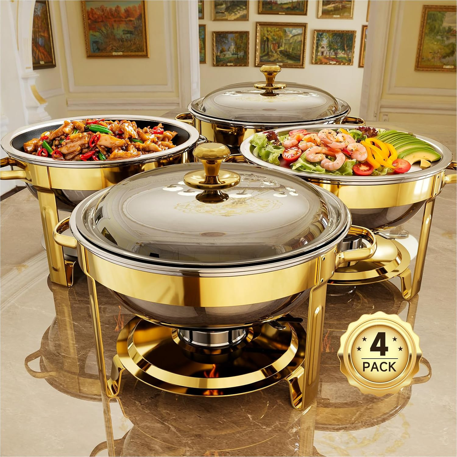 Chafing Dishes for Buffet, 4 Pack 5QT Round Stainless Steel Chafing Dish Set for Home Parties, Christmas Gatherings, Catering Events Complete Buffet Warmer Set (Golden 4) | Amazon (US)
